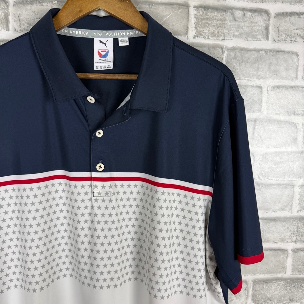 Puma Golf Volition America USA Mens XL Navy Blue Star Colorblock Polo Shirt